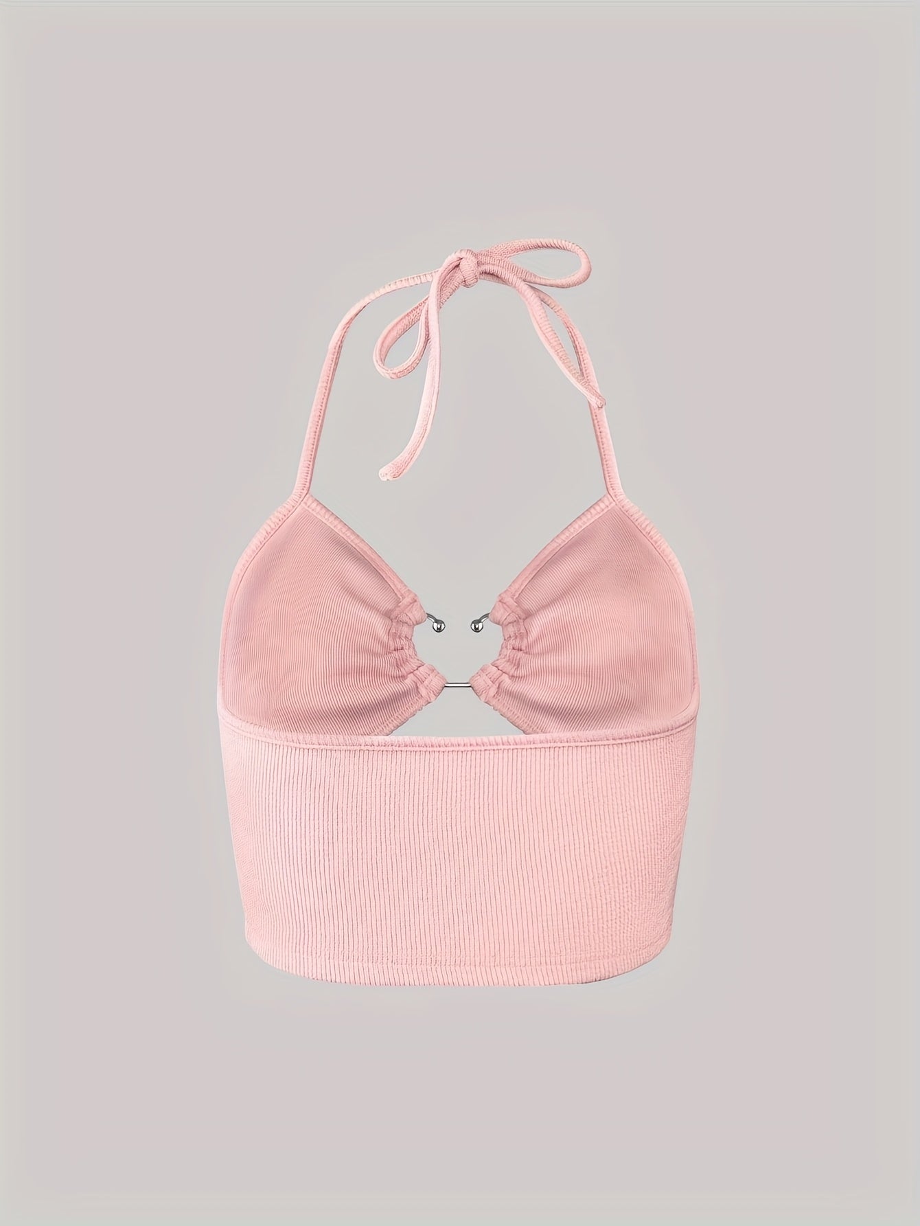 Stylish Heart-Shaped Cutout Halter Neck Crop Top - Soft Pink, Medium Elasticity, Machine Washable, Perfect for Casual Outings & Beach Vacations
